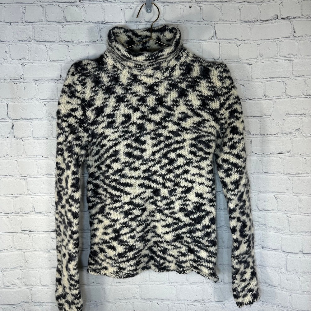 GAP Womens 100% Wool Turtleneck Sweater XL Black White Marbled Knit Chunky Warm